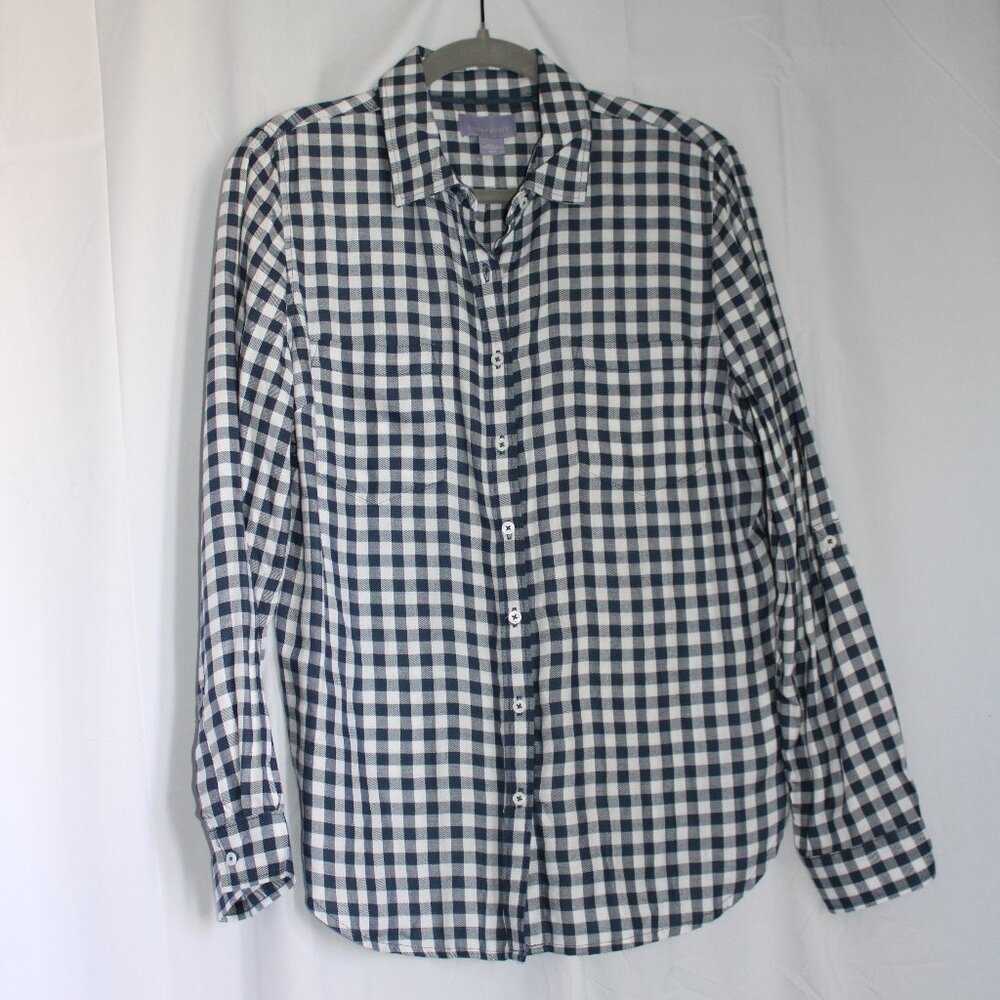 Laura Scott Navy Blue & White Plaid Women's Button-up Collared Long Sleeve M